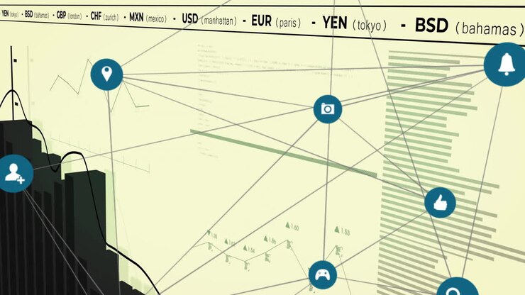 Animation of network of connections with icons and data processing on yellow background