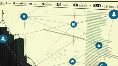 animation of network of connections with icons and data processing on yellow background