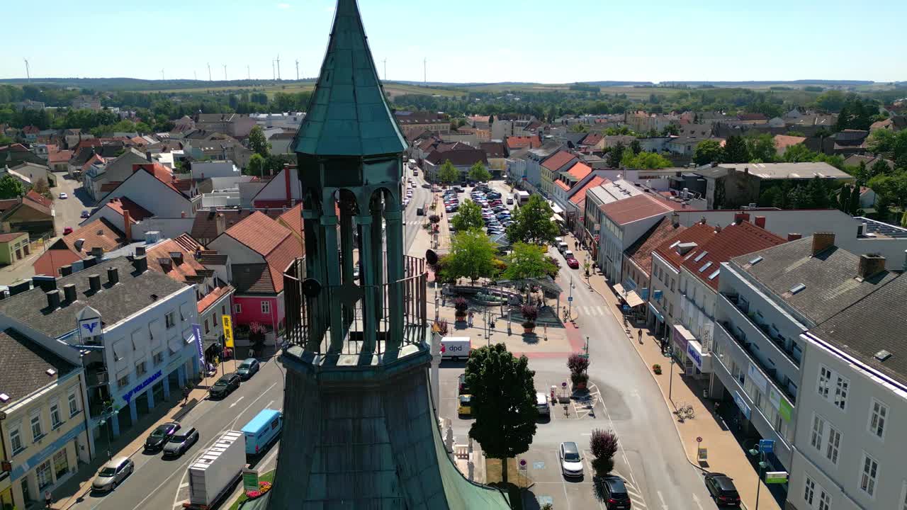 Mistelbach, Nieder&ouml;sterreich, Austria - Town Hall and Town Square - Aerial Pan Left