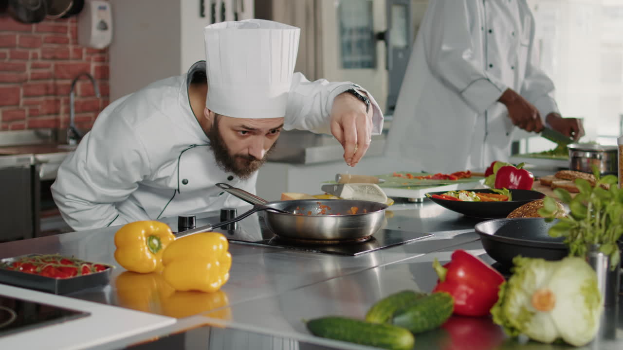 Authentic cook pouring shredded cheese in frying pan