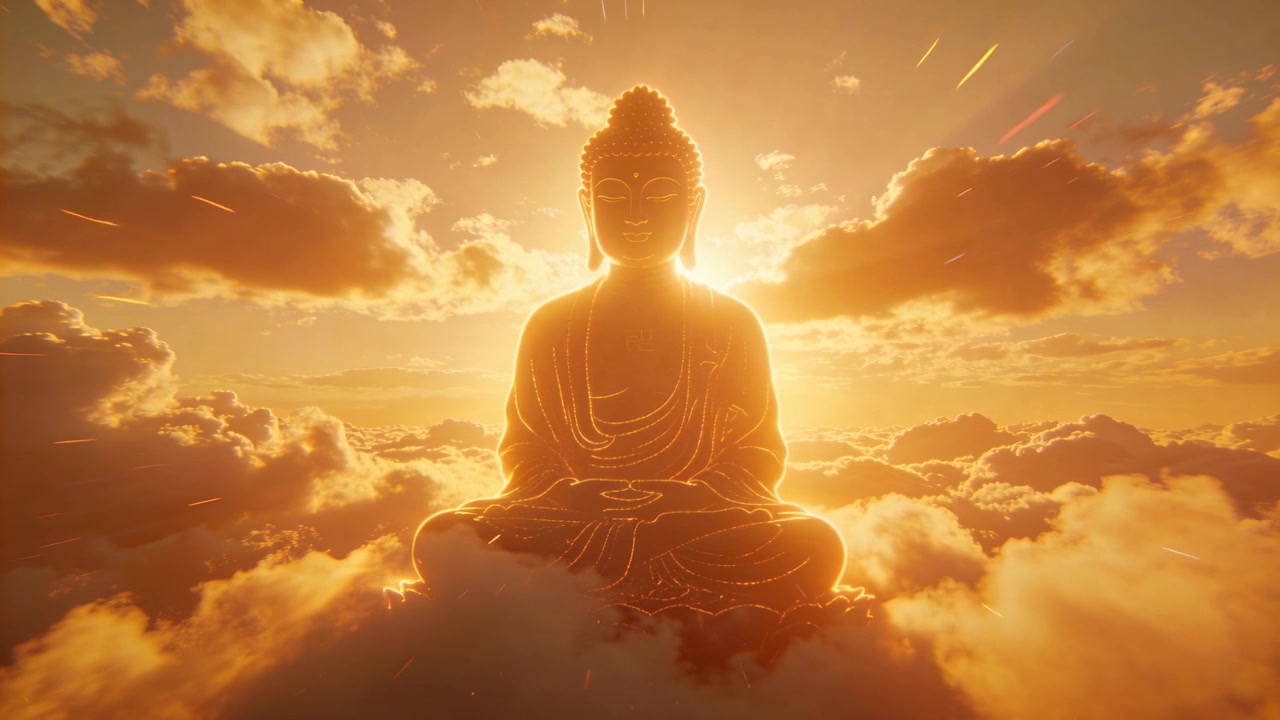 Luce solare mutevole dietro una statua di Buddha dorata seduta che crea un'aureola all'alba, attirando l'attenzione sulla veste.