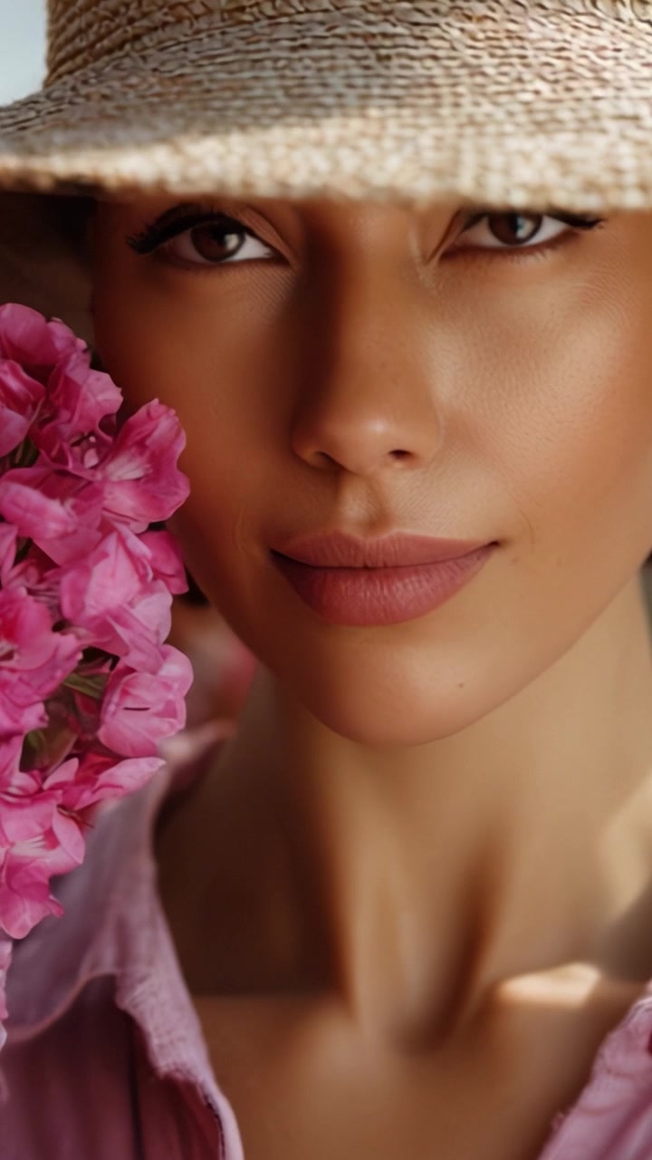 Ritratto accattivante di una donna con un cappello di paglia, che abbraccia fiori rosa con graziosa eleganza e bellezza naturale in una luce soffusa.