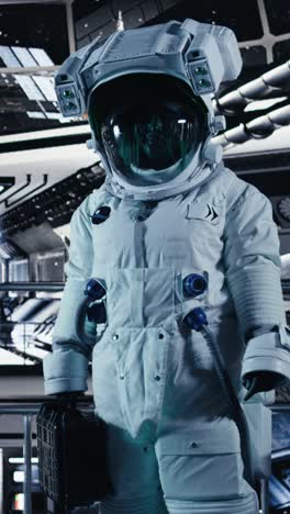 vertical video malfunction indicator blinking in starship over astronaut helmet next to laptop