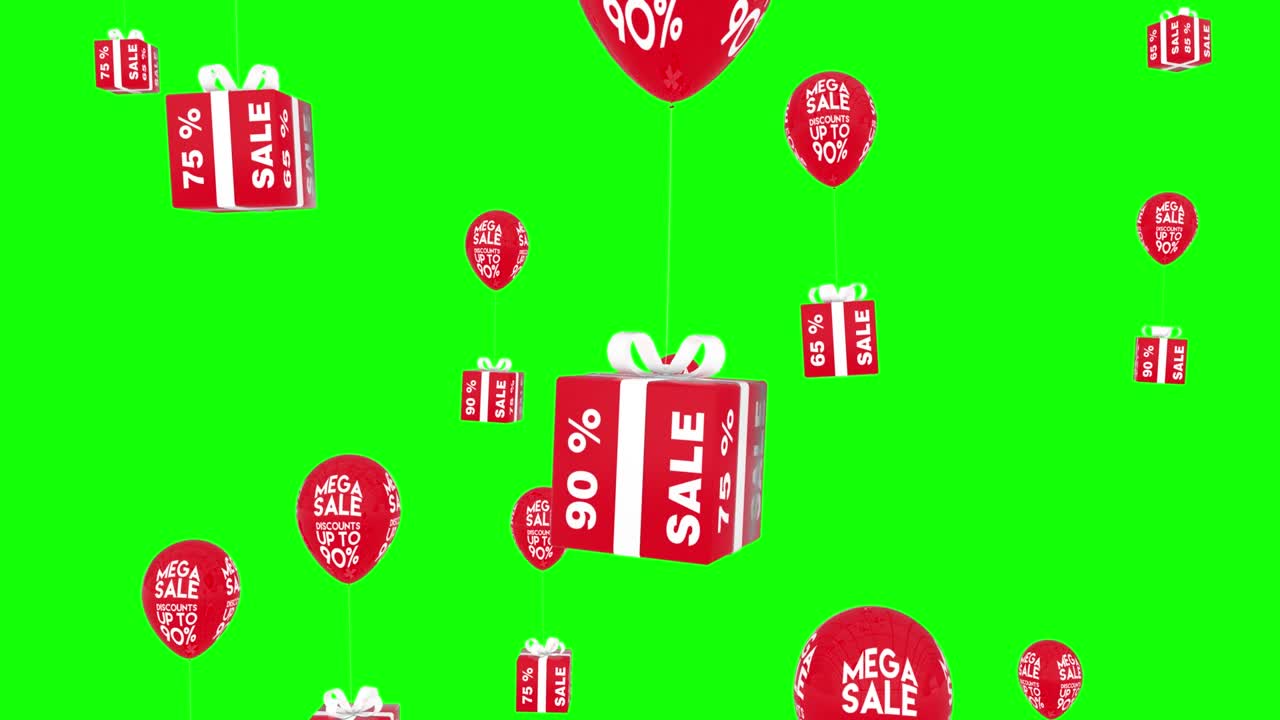 투명한 배경의 녹색 화면을 가진 상자 메가 할인 판매 루프와 함께 날아가는 풍선