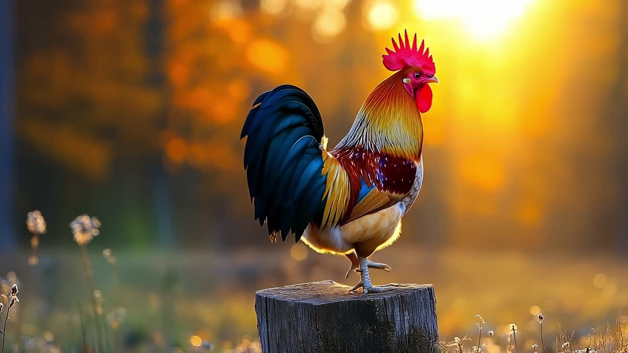 Rooster on stump at sunset. A vibrant rooster perches on a wooden stump as the sun sets behind trees, casting a warm glow over the scene.