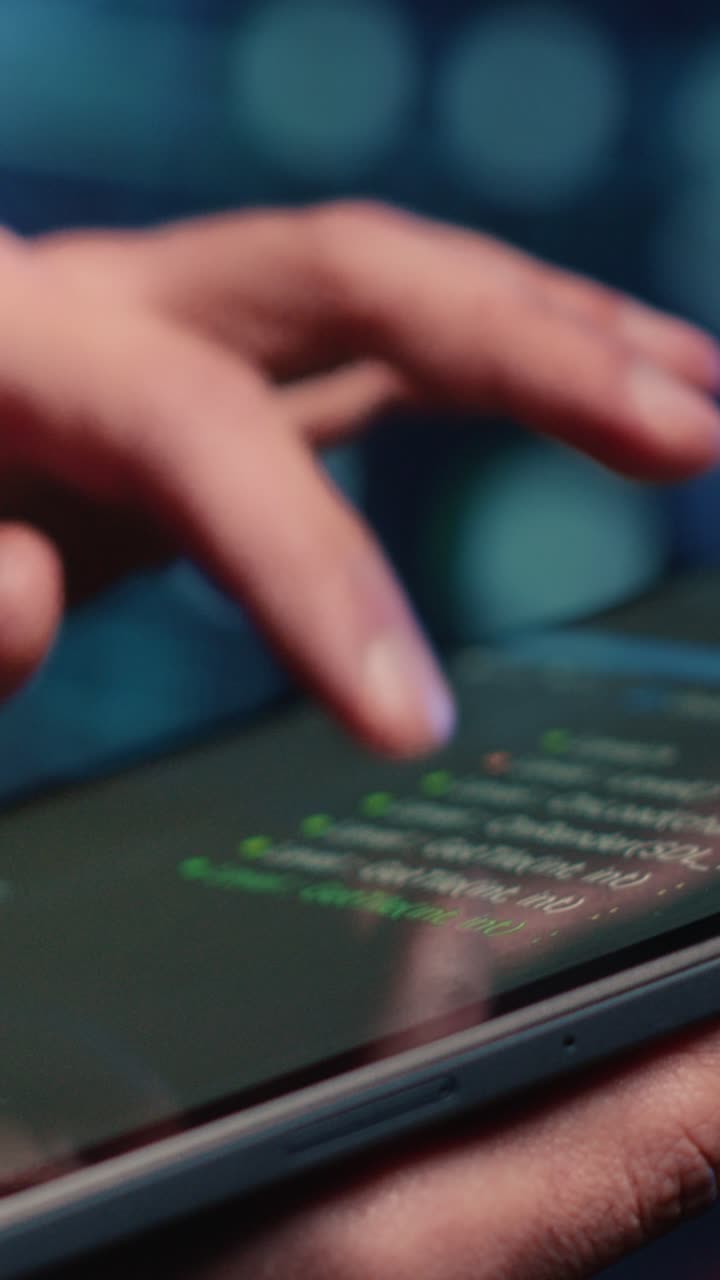 Vertical video: Male system administrator inspecting big data on tablet
