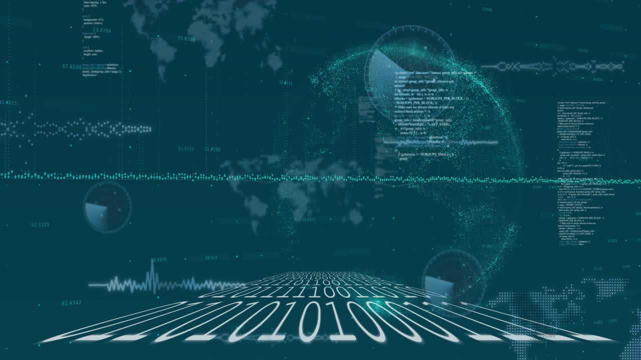 검은색 바탕에 있는 지구와 세계 지도 위의 데이터 처리 및 이진 코딩의 애니메이션