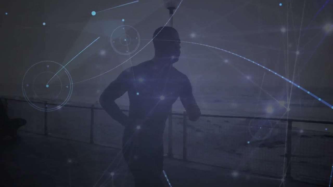 해변에서 달리는 아프리카계 미국인 남성의 연결 네트워크의 애니메이션