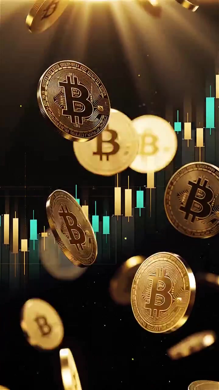 Monete Bitcoin dorate con sfondo sfocato di grafico a candele 4K.