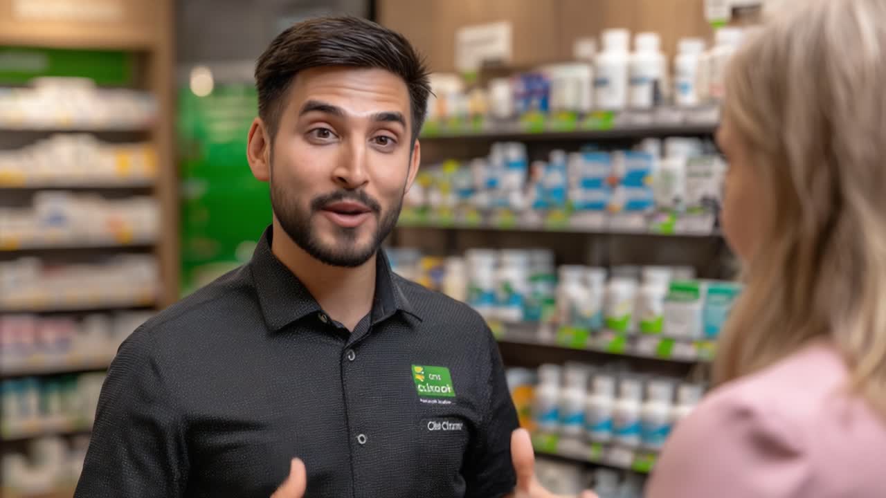 Engaging Interaction: A Friendly Male Pharmacy Consultant Providing Expert Guidance to a Customer in a Well-Stocked Pharmacy Setting