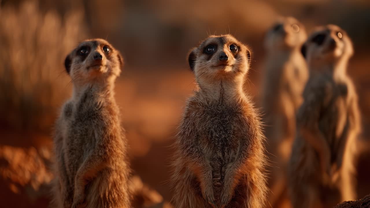 A Group of Alert Meerkats Standing Upright in Their Natural Habitat, Gazing Curiously at Their Surroundings Under the Warm Glow of Sunset