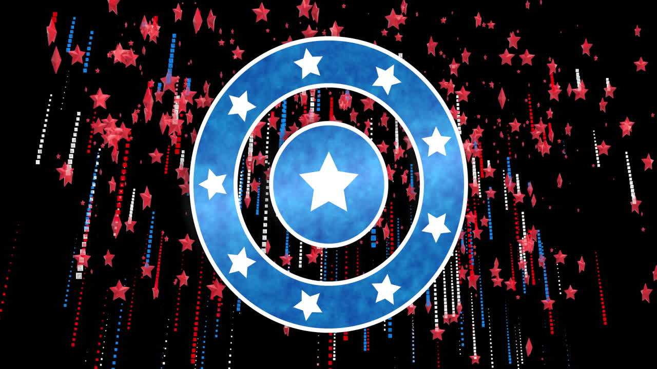 검은 바탕에 별과 다채로운 빛의 흔적과 별을 가진 원의 애니메이션