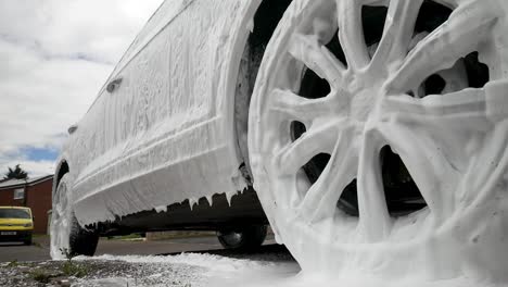 close up of snow foam over wheel
