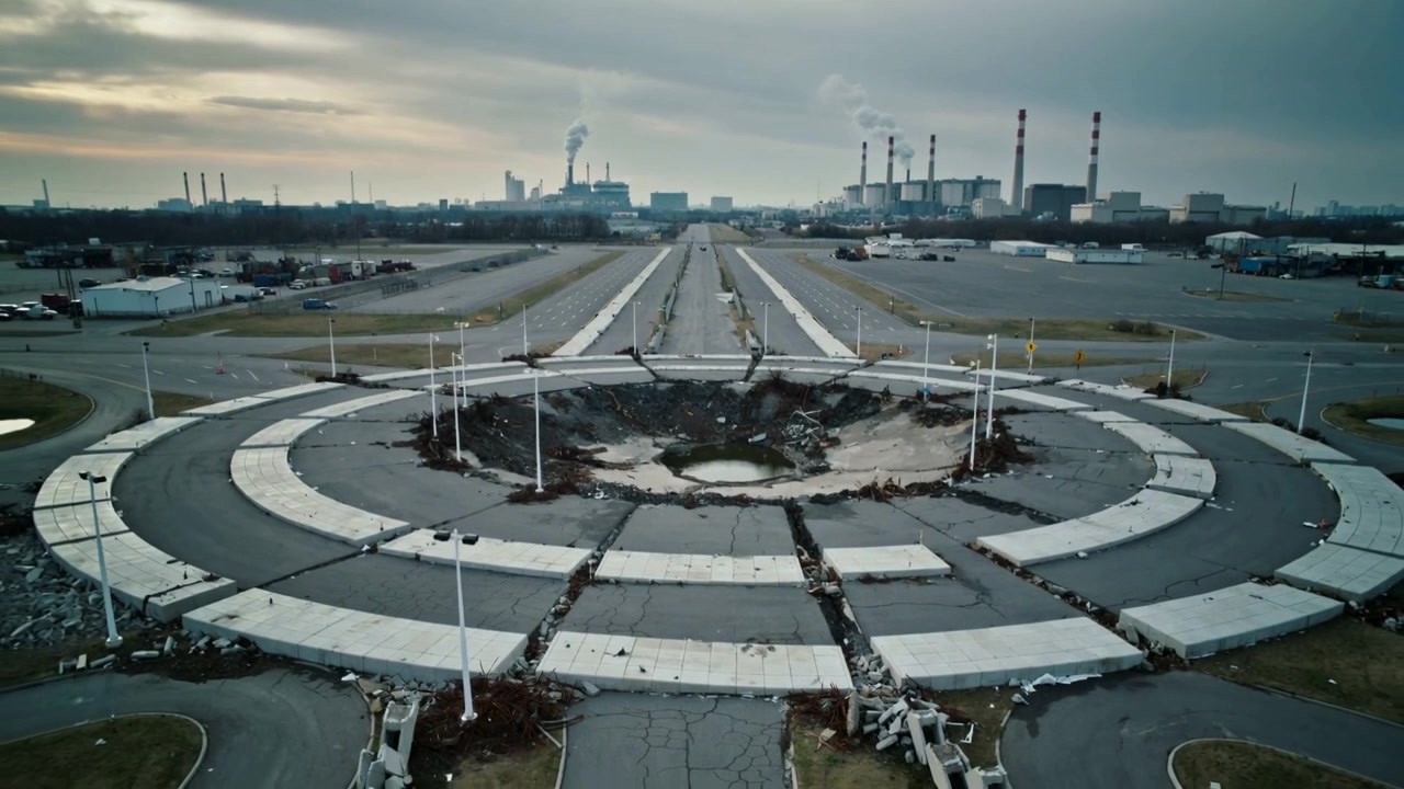 Scanning drone inspecting circular concrete plaza at plant with central sinkhole and broken slabs