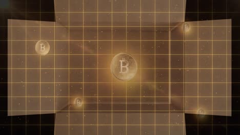 Animation-of-gold-bitcoins-over-grid-and-opening-and-closing-cardboard-box