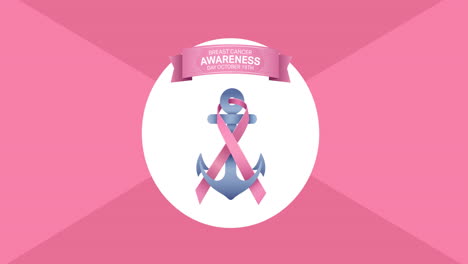 animación del logotipo del anclaje de la cinta rosa y el texto del cáncer de mama que aparece sobre un fondo rosa