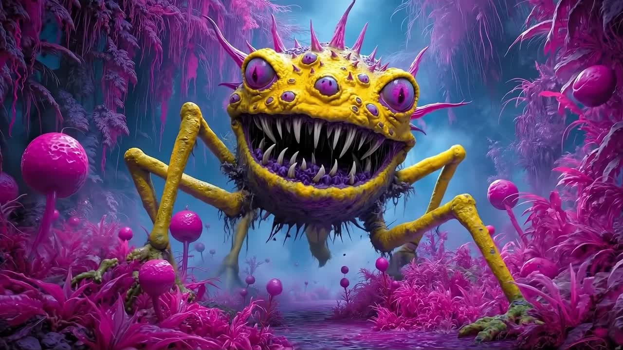 A yellow spider with purple eyes in a pink and purple forest
