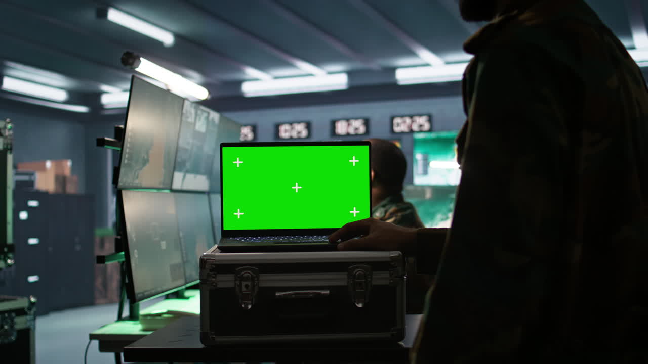 군용 디스패처가 통신 네트워크를 관리하고 스크린을 보고 있습니다.