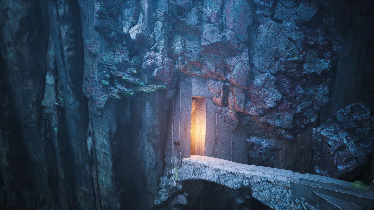Mysterious glowing doorway in a rocky cavern with a wooden bridge