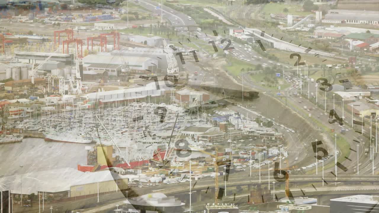 Aerial marina scene showing clock overlay appearing, clock hands rotating, emphasizing elapsed time