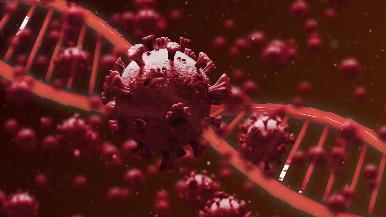 adn y bacterias de coronavirus volando sobre el fondo de gradiente.
