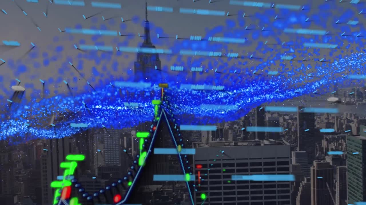 도시 풍경 위의 데이터 처리 애니메이션