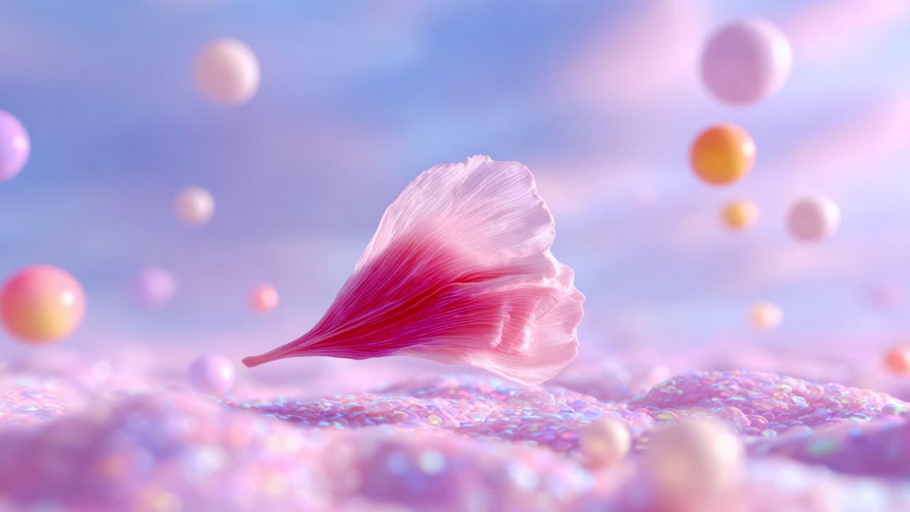A delicate flower petal drapes elegantly above a shimmering, colorful surface dotted with whimsical spheres, creating a dreamy and ethereal atmosphere that captivates the senses