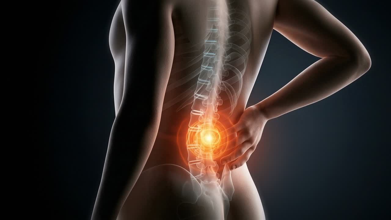 Mennesketorso i bevægelse med glødende lændesmerter og synlig rygsøjle i medicinsk anatomi nærbillede på mørk baggrund
