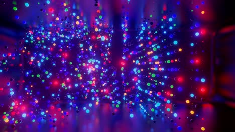 fondo de animación creativa abstracta 3d con brillo de neón esferas multicolores dentro de la cámara, paredes reflectantes. bolas luminosas vuelan dentro de la habitación oscura. orbes de luz de neón vuelan hermosamente. 18