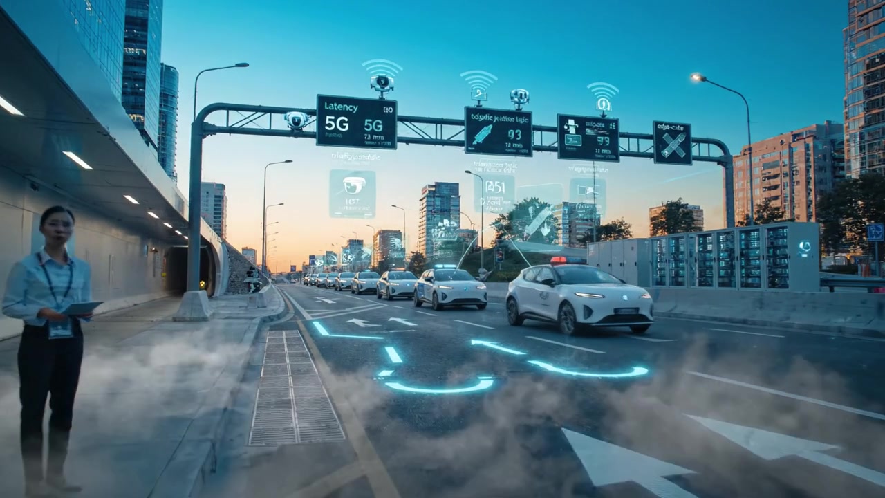 Autonomous Vehicles Navigating Connected Infrastructure with 5G Technology at Dawn in a Modern Urban Setting, Highlighting Traffic Dynamics and Smart Transport Solutions