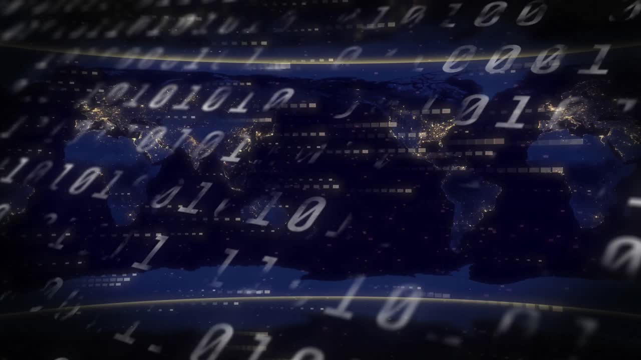 Animation of data processing over world map on black background