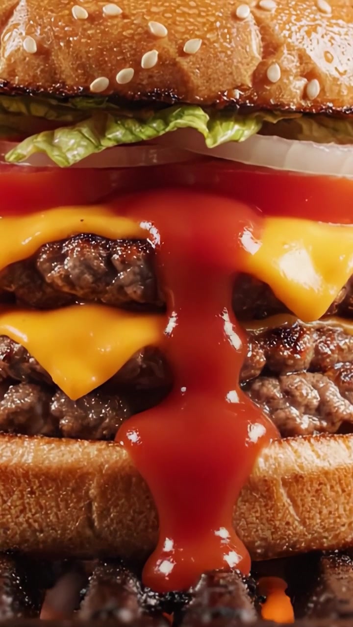 Succulento doppio cheeseburger con formaggio fuso, lattuga fresca, cipolle croccanti e ricco ketchup che cola da un morbido panino ai semi di sesamo, perfettamente grigliato per un sapore eccezionale.