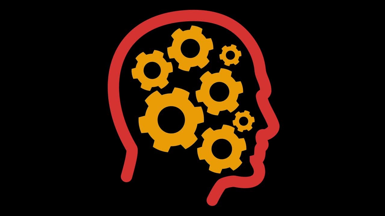 Cogs rotate inside human head. Brain Mechanics with spinning element.