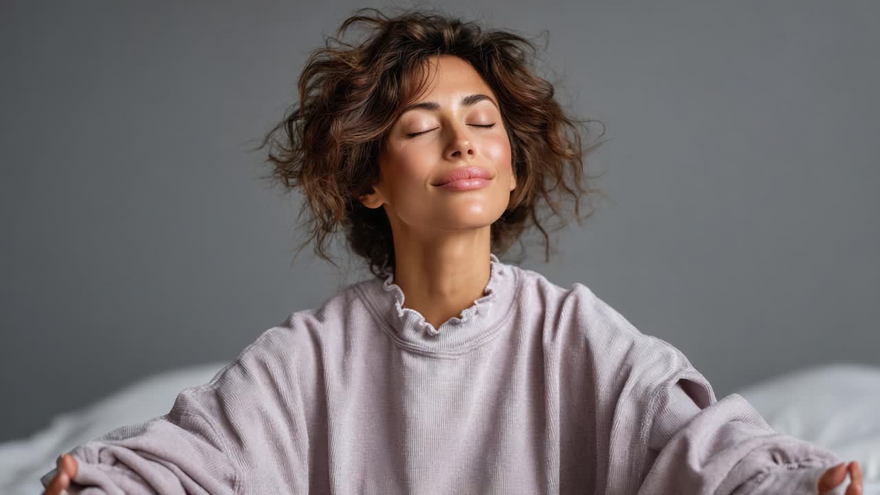 A serene moment of mindfulness and relaxation captured in two frames, showcasing a woman with curly hair, eyes closed, enveloped in tranquility and inner peace