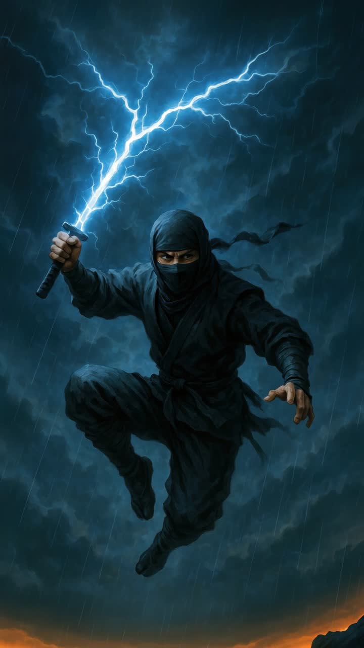 Dynamic ninja in mid-air, wielding lightning, captured from a low angle