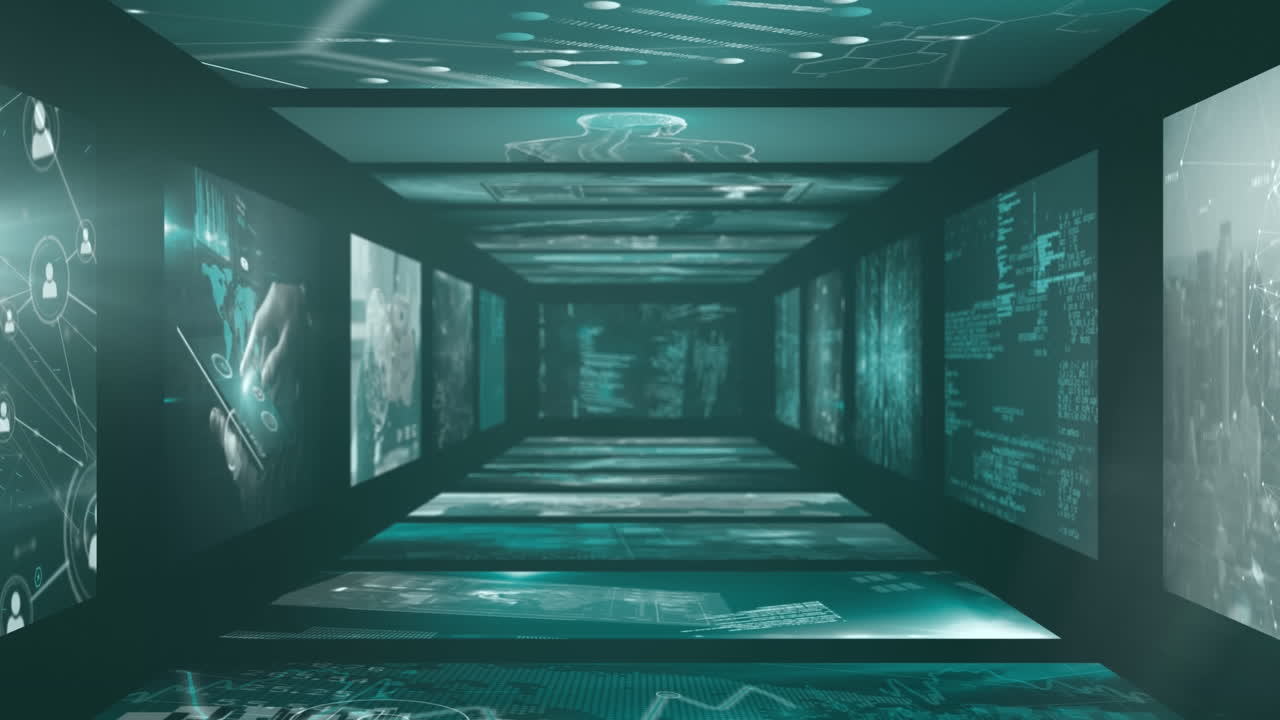 녹색과 파란색 배경의 화면에서 데이터 처리의 애니메이션.