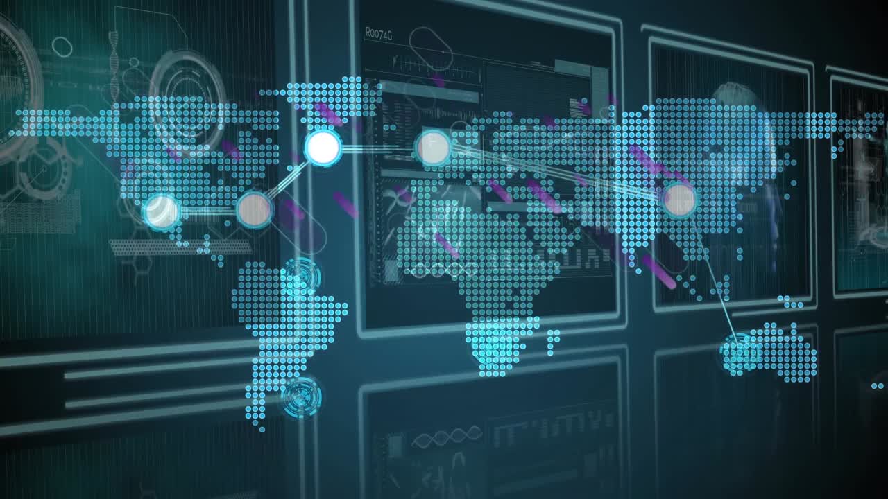Animation of purple shapes over network of connections and world map