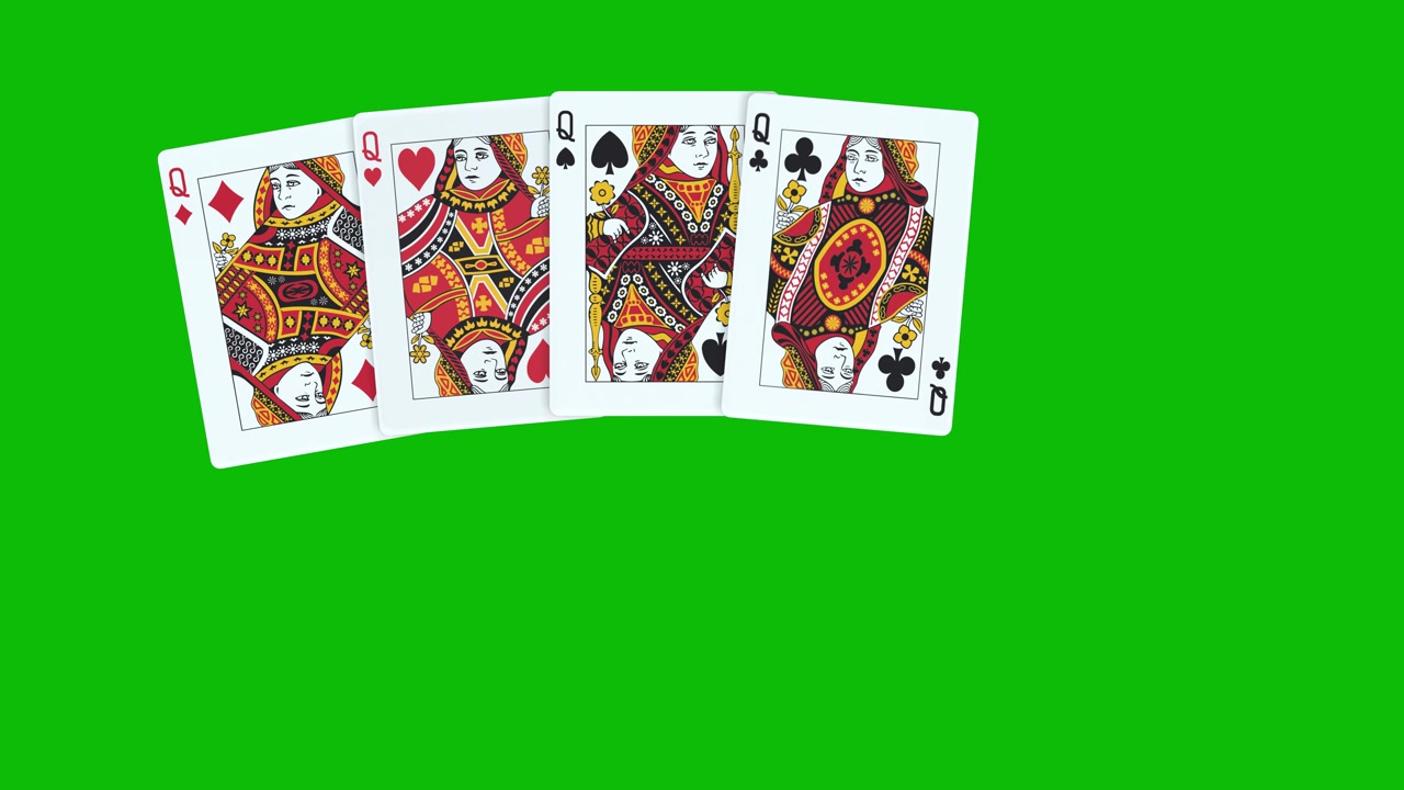 Una mano di poker composta da un Poker di Donne, con carte lanciate una per una su animazione 3D con schermo verde, carte da poker animate, animazione di distribuzione di carte da poker