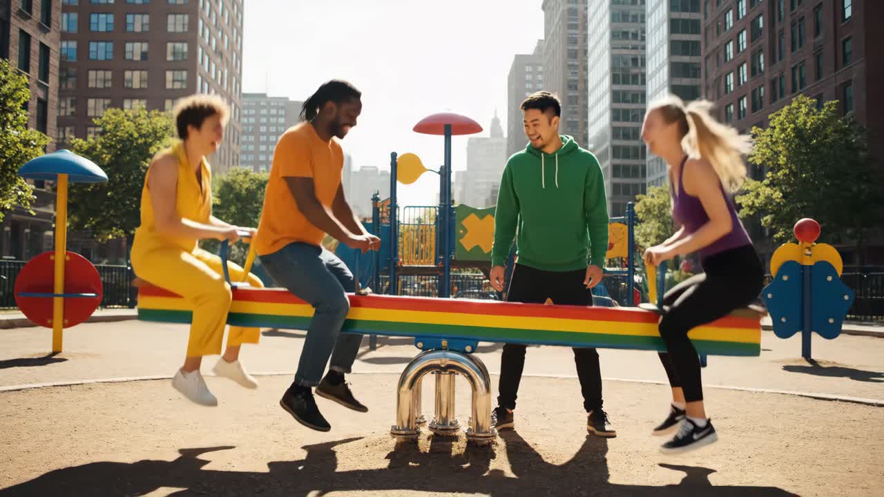 Group of Friends Playing on a Seesaw in the City