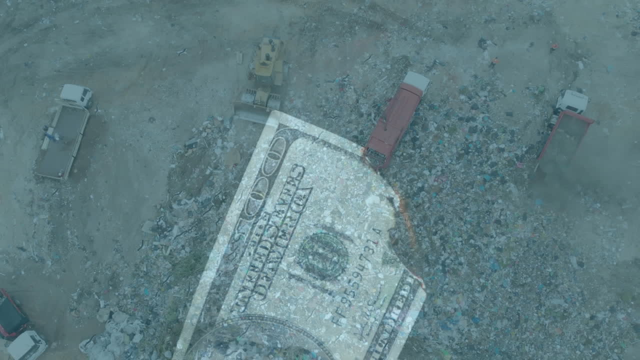 Animazione di una banconota di dollaro americano che brucia su una discarica