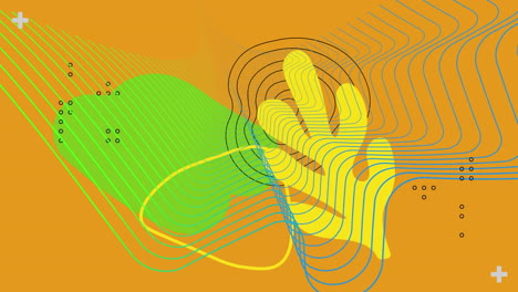 animación de líneas coloridas y formas verdes sobre un fondo naranja