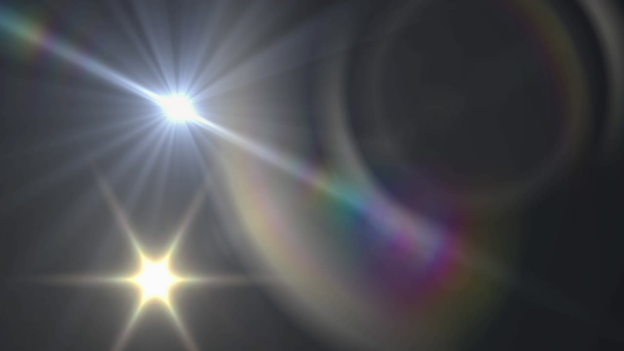 Animation of white light with beam and prismatic lens flare on black background
