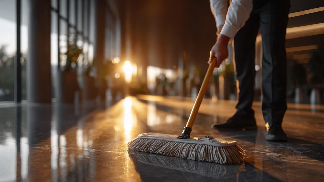 A Professional Cleaner Demonstrating Expertise by Sweeping a Polished Floor in an Elegant Modern Space with Sunlight Streaming Through Large Windows