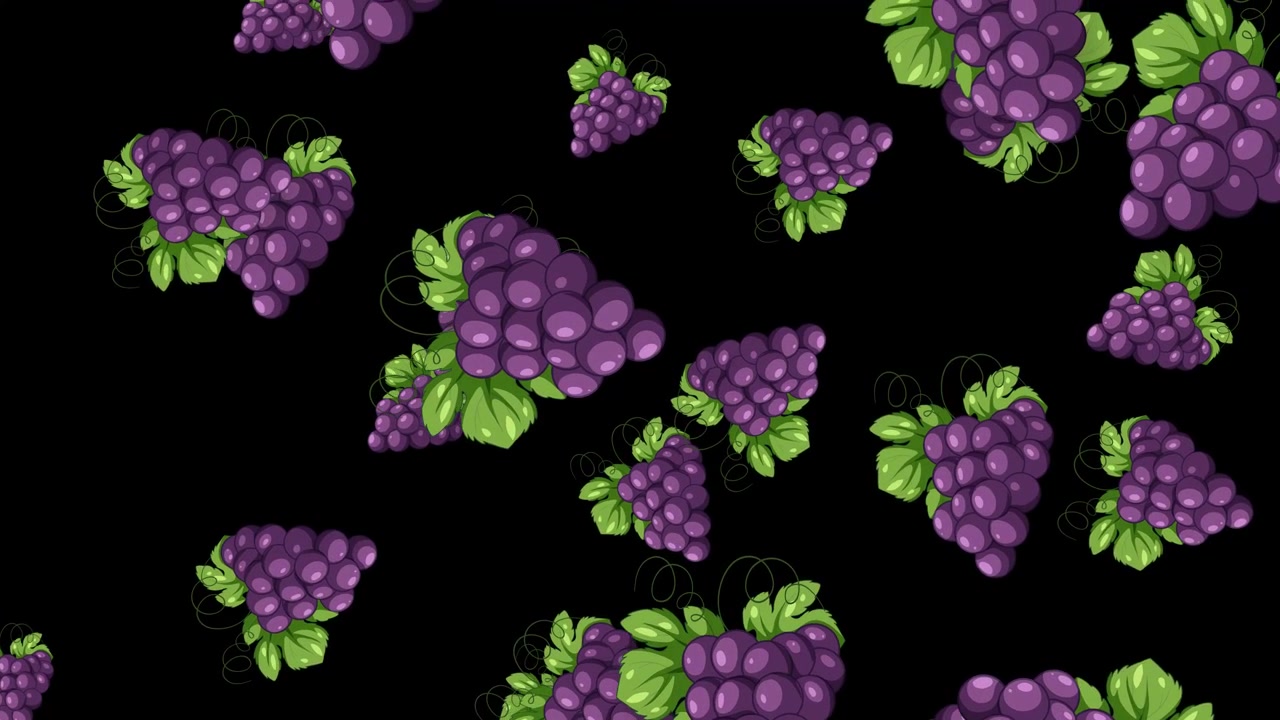 Grappoli d'uva viola stilizzati con foglie verdi che cadono verticalmente su uno sfondo scuro
