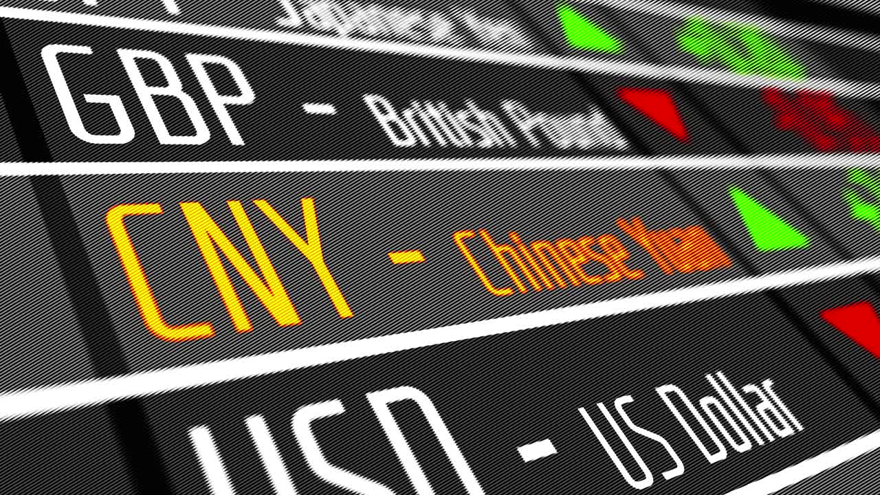 중국 위안 화폐 환율을 보여주는 디지털 디스플레이