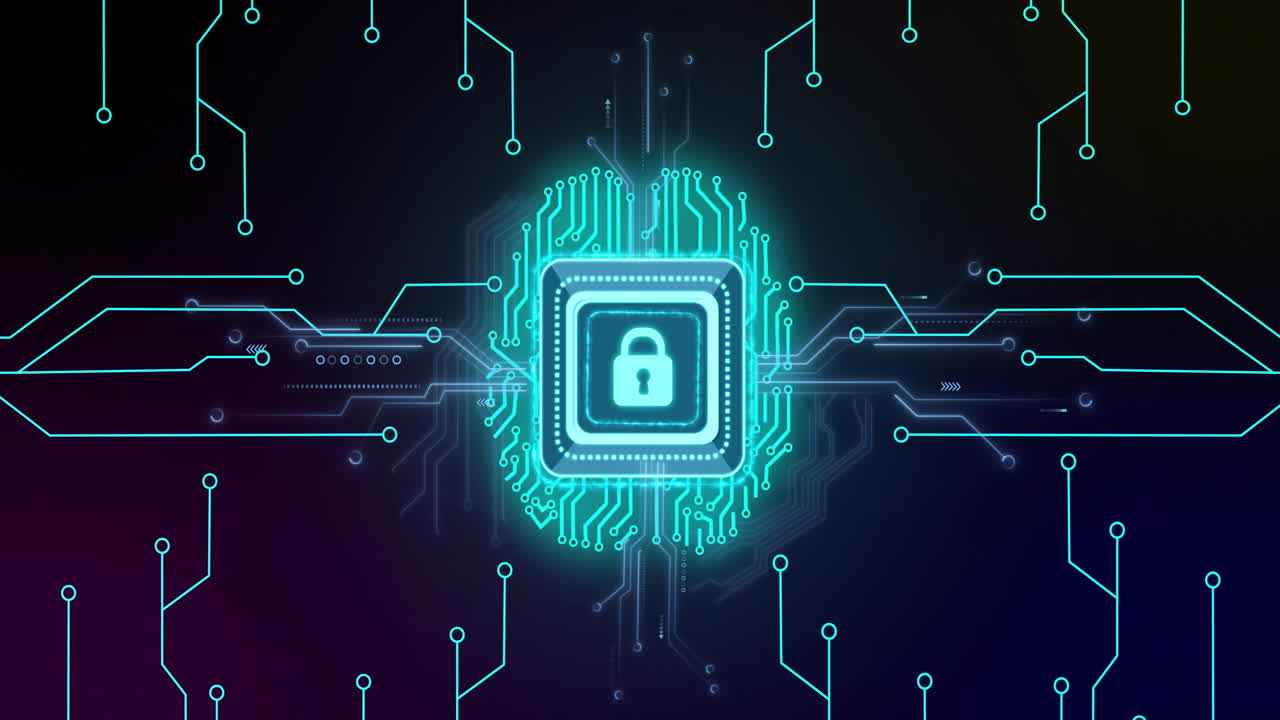 Digital lock glowing over circuit board, symbolizing cybersecurity animation theme