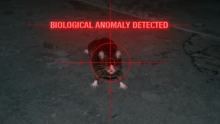 Sniffing brown rat on pavement, red reticle appearing showing BIOLOGICAL ANOMALY DETECTED at night