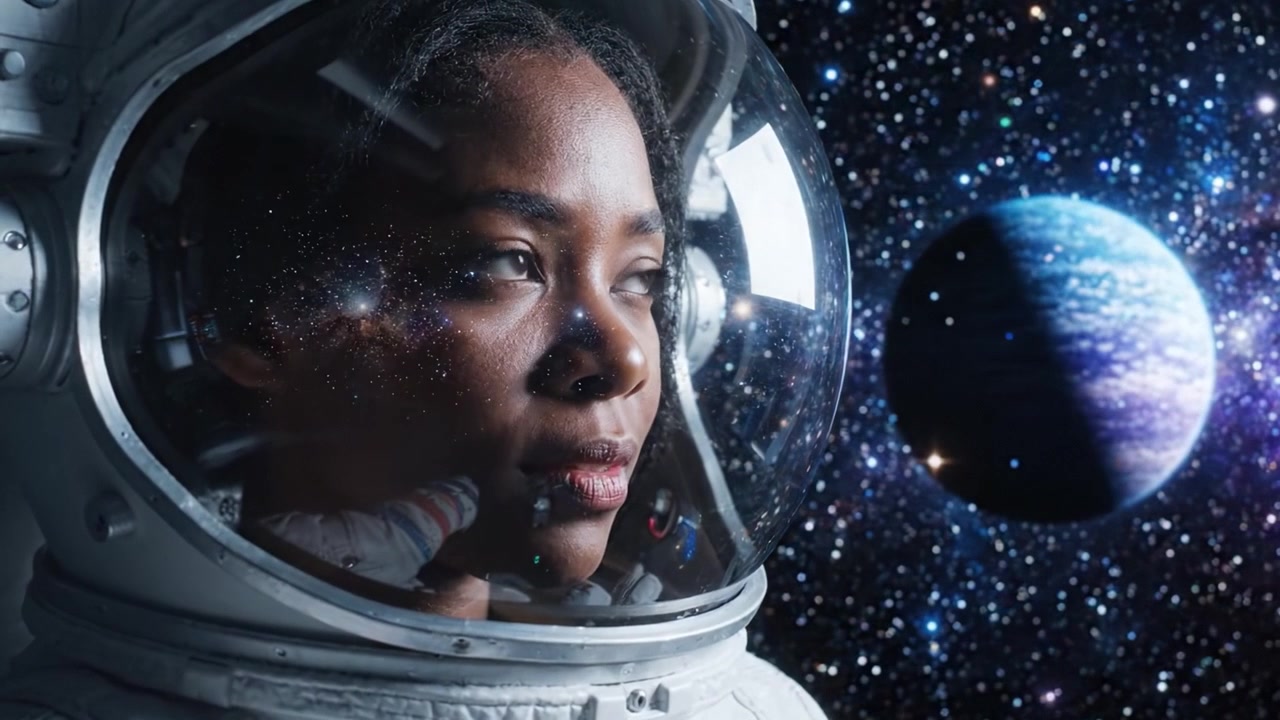 Esplorazione Stellare: Un Viaggio Attraverso il Cosmo con un Astronauta che Osserva l'Universo e Pianeti Lontani Oltre le Stelle.