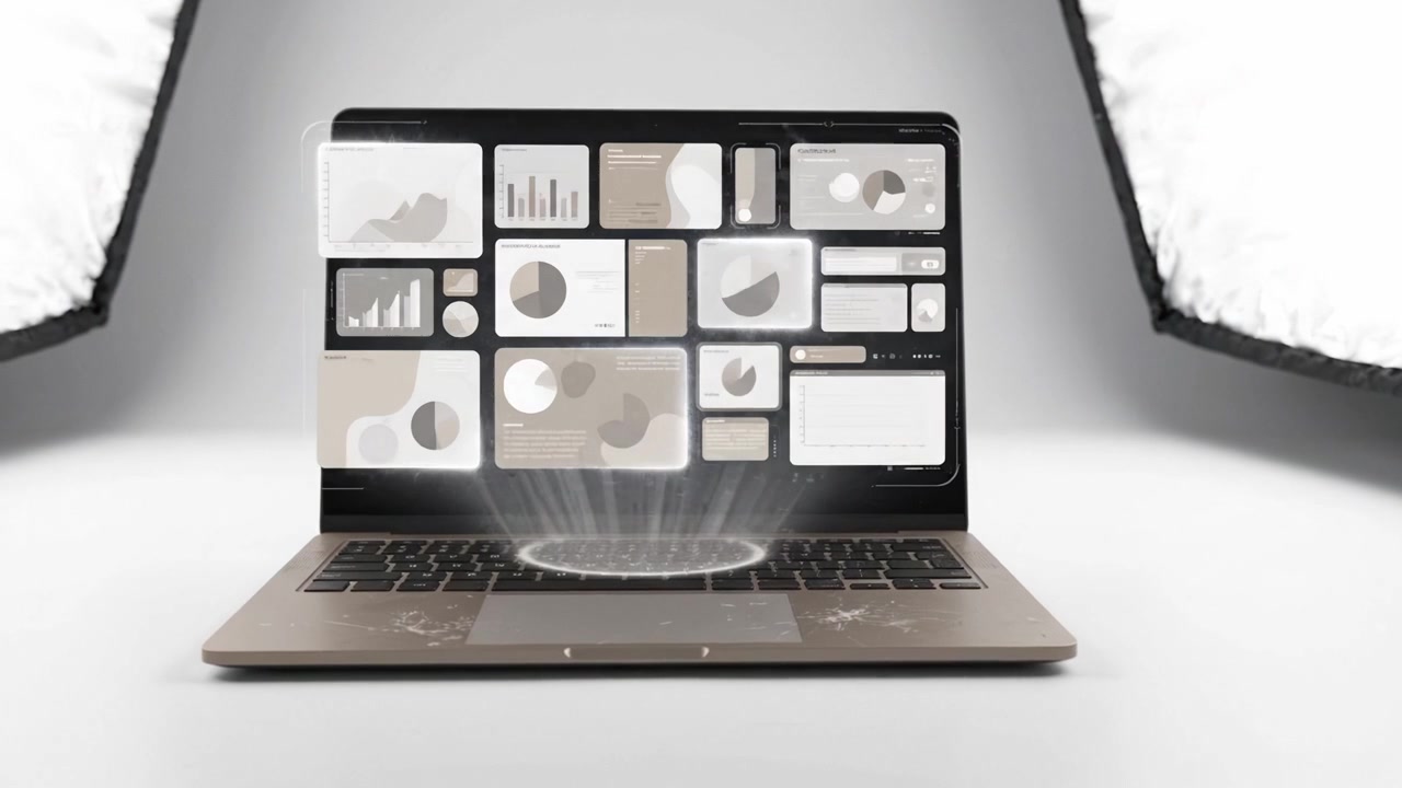 A sleek laptop poised for data analysis, transforming from a blank screen to a vibrant display of informative graphics and charts showcasing various metrics.