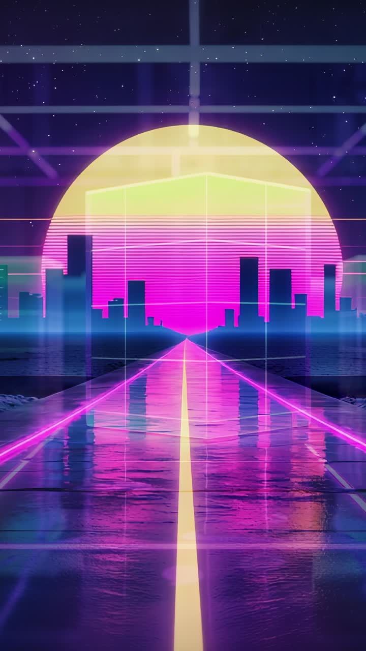 Vertical video: Intensifying sun scanlines, neon highway pulsing in synthwave grid tunnel